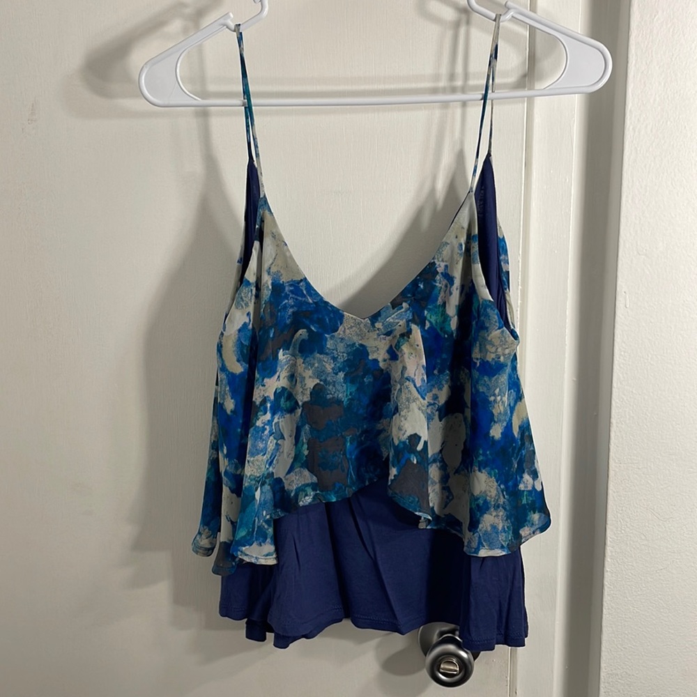 Blue and white floral tie dye like tank top two toned